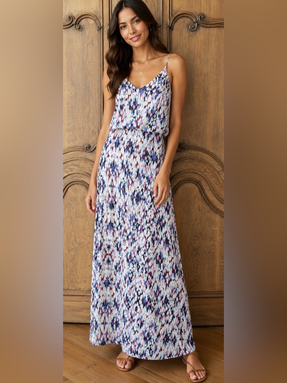 Lavender Brown Abstract T-Strap Maxi Dress